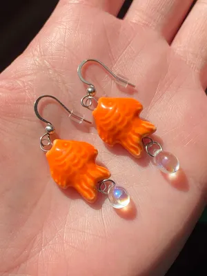 unique funky cute orange ceramic fish & Czech glass teardrop dangle earrings ⭐️🐟💕 thumbnail 1