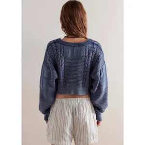 Free People Patchwork Chunky Cable Knit Heritage Cardi Cardigan Sweater Medium thumbnail 4