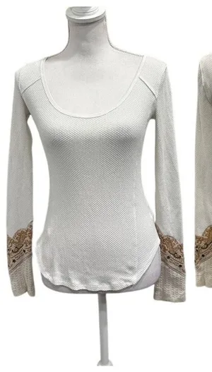 We the Free White Scoop Neck Waffle Knit Thermal Bandana Crochet Cuff Sz XS Boho thumbnail 2