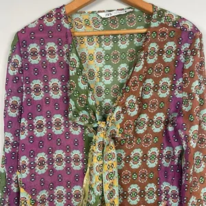 Zara Studio Boho Printed Long Sleeve‎ Blouse with Tie Detail Size M Medium Boho thumbnail 2