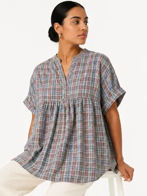 Easel Blue Plaid Babydoll Tunic Top S Oversized Boho Cottagecore Peasant thumbnail 2