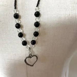 Silver tone and black beaded heart pendant necklace thumbnail 2