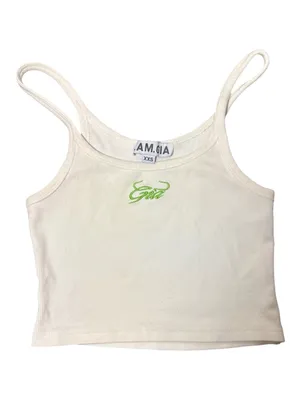 I.AM.GIA White Ribbed Crop Tank with Neon Green Script thumbnail 1