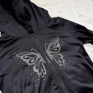 Dazy Black y2k butterfly crystal long sleeve zip up hoodie thumbnail 2