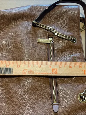 Michael Kors Cognac Pebbled Leather Tote with Gold Chain Straps zipper closure thumbnail 11