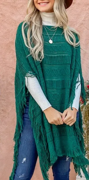 Boutique PULLOVER FRINGE PONCHO KNIT WOMEN'S HUNTERGREEN thumbnail 1