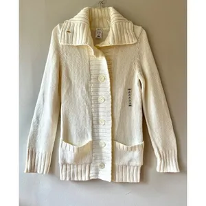 Old Navy Sz S Oversized Funnel Neck Rib Knit Cream Sweater Coat Pockets thumbnail 2