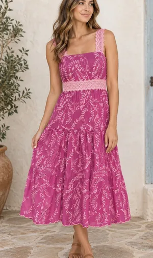 Donna Morgan Pink Embroidered Lace-Trim Midi Boho Feminine Romantic Dress thumbnail 1