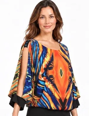 Bali M Multicolor Abstract Cold Shoulder Split Sleeve Top Lagenlook Avante Garde thumbnail 1