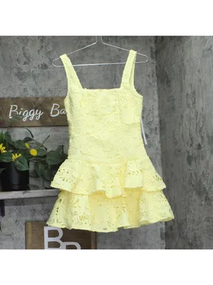 NWT Aqua Womens Lined Lace Tiered Mini Dress IDO14101 Yellow XS thumbnail 2