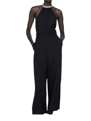 Zara Black Halter Neck Jumpsuit with Silver Embellishment Size L NWT thumbnail 3