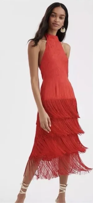 Anthropologie Solid Fringe Halter Maxi Dress Red Size 12 thumbnail 1
