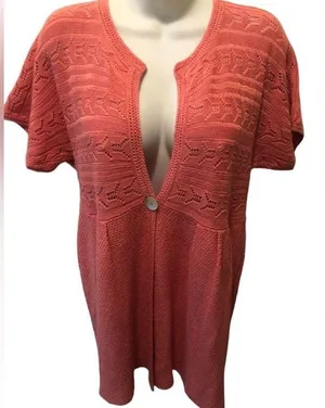 Crochet Linen Blend Tunic Cardigan Sz. L Coral One Button Closure Spring thumbnail 5