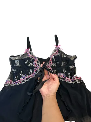 Y2K Playboy Lingerie Tie Front Sheer Mesh Cami Top Embroidered Floral Coquette thumbnail 3