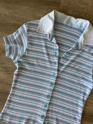Vintage Y2K striped button front collared shirt sleeve top blue pink small thumbnail 5