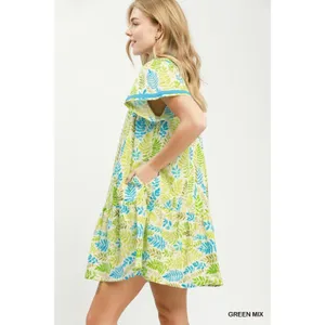 Umgee Leaf Print Flutter Sleeve Tiered Mini Dress - Green Mix - Small thumbnail 2