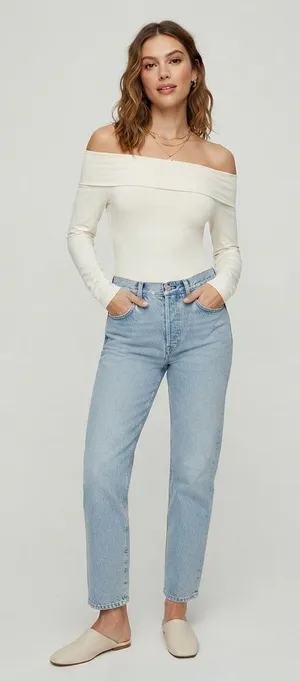 Aritzia Off-Shoulder Long Sleeve Bodysuit in‎ Cream thumbnail 1