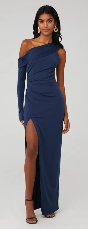 KATIE MAY Deep Sea Blue MOJAVE Single Long Sleeve HIGH SLIT Ruched GOWN XS‎ thumbnail 1