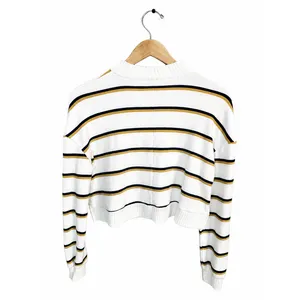 SO Women White Striped Mock Neck Cropped Knit Sweater Navy Mustard XS thumbnail 3