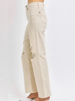 Judy Blue‎ High-Rise Distressed Wide-Leg Jeans in Cream Sz 15/32 thumbnail 2