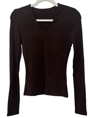 Commense Bra-Free Built-In Padded V-Neck Long Sleeve Top Dark Brown XS NWT thumbnail 4