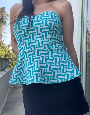 Teal Geometric Strapless Peplum Top w/ Built-In Padded Bra – Snatched Fit | Size S | Euro Summer Vibes 💚 thumbnail 1