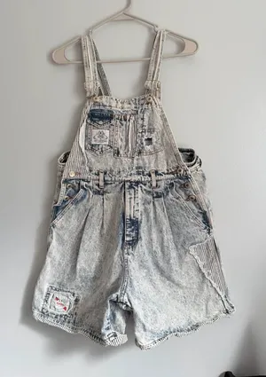 Vintage Kansas Jeans Acid Wash Patchwork Denim Shortalls M thumbnail 1
