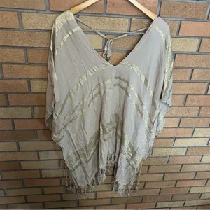 LSPACE Seaport Swim Cover Up Cream & Gold Tassel Oversized Shawl Size M/L thumbnail 2