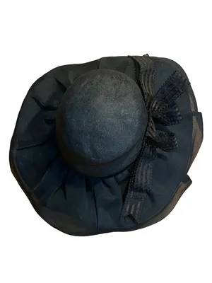 Vintage Adolfo Ii Black Wide Brim Linen Hat With Striped Bow thumbnail 4