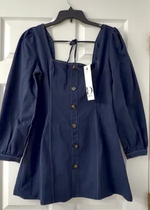 DArk Square Neck Navy Mini Dress. Zipper & Tie Back. Large thumbnail 2