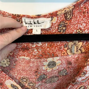 Nicole Miller Floral Boho Blouse Rust Orange Ruffle Hem 3/4 Sleeve Large thumbnail 3