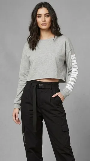 BROOKLYN Graphic Letter Cropped Long Sleeve Grey Sweatshirt, Lightweight sz. S thumbnail 1