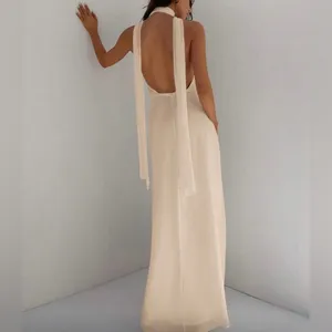 Elegant Cream Halter Maxi Dress Tan Size 0 thumbnail 3