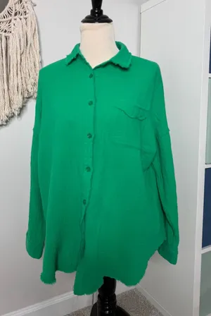 Pink Lily Womens Kelly Green 100% Cotton Oversized Button Up Shirt Top S Holiday thumbnail 1