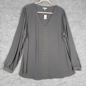 Maurices Size-XXL Women Top Gray Studded V-Neck Long Sleeve Blouse thumbnail 1