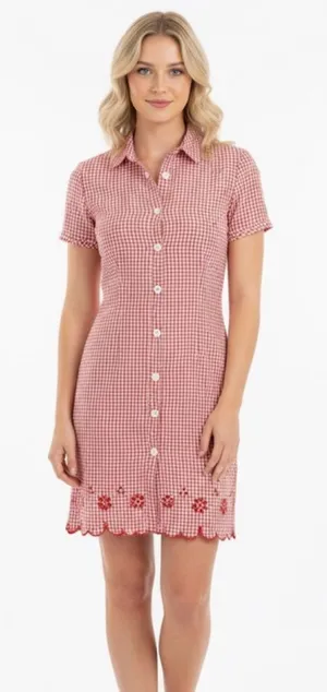 Vintage Red Gingham Button-Up Dress with floral embroidered bottom size 8 thumbnail 1