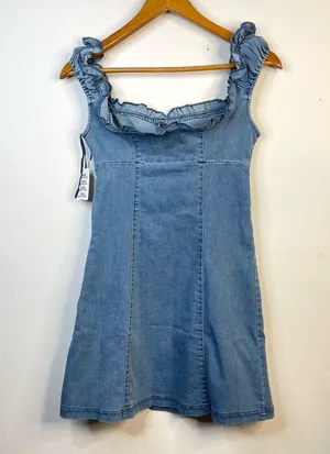 Urban Outfitters Nayda Denim Ruffle Lace up Stretch Mini Dress womens XS new thumbnail 10