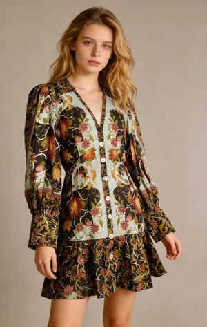 NWOT Farm Rio Floral Swans V-Neck Long Sleeves Mini Dress Size M thumbnail 1