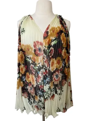 Roberto Cavalli Silk Cream Floral Pleated V-Neck Mini Swing Dress thumbnail 2
