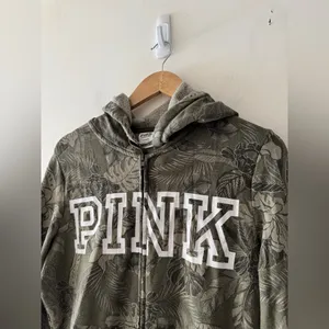 PINK‎ by Victoria’s Secret Army Green Botanical Leaves Floral Zip Up Hoodie thumbnail 2