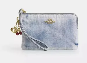 NEW Coach Corner Zip Wristlet In Loved Denim With Charms NWT thumbnail 1