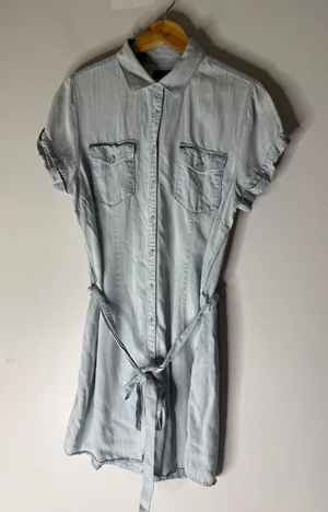 Untuckit chambray denim button down shirt‎ dress tie waist size 12 thumbnail 1