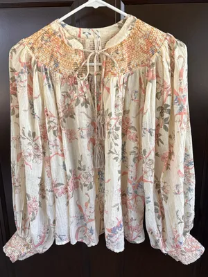 EUC Anthropologie Smocked Lurex Floral Long Sleeve Top Size Small thumbnail 1