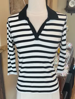 Tommy Hilfiger Black and White Striped Cotton Knit V Neck Collared 3/4 Sleeve thumbnail 1