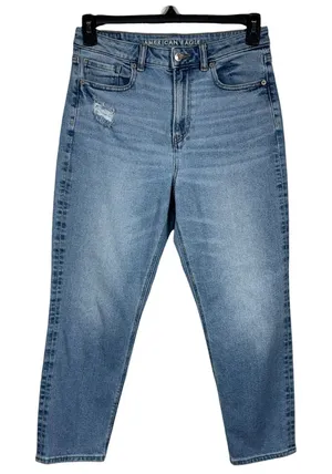 American Eagle SZ 8 SHORT Mom Jeans Distressed Zip-Fly Hi-Rise Zip-Fly Pockets thumbnail 1