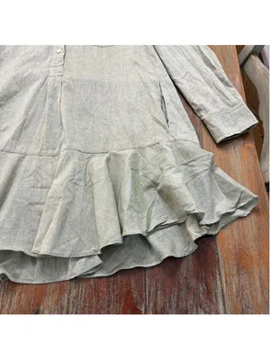 Tuckernuck Sage Green Linen Look 100% Cotton Drop Waist Ruffle Hem Shirt Dress S thumbnail 5