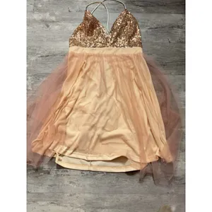 Area Rose Gold Sequin Tulle Mini Dress Peach Pink Size L Pageant Party Fit A4-31 thumbnail 2