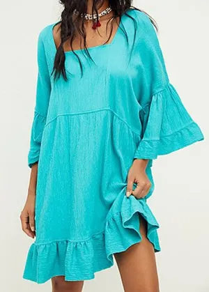 Free People Beach 3/4 Bell Flare Sleeve Babydoll Mini Dress El Mar Turquoise S thumbnail 1