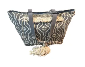 Mary Frances Gray and Cream Geometric Fringe Tote thumbnail 1