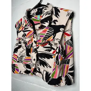 Farm Rio Womens Linen Sleeveless Blouse Button Down Cropped Size Medium Birds thumbnail 3